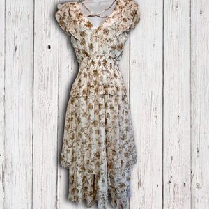 J.Gee Floral Print Short Sleeves Small V Neck Elastic Waistband Midi Dress‎